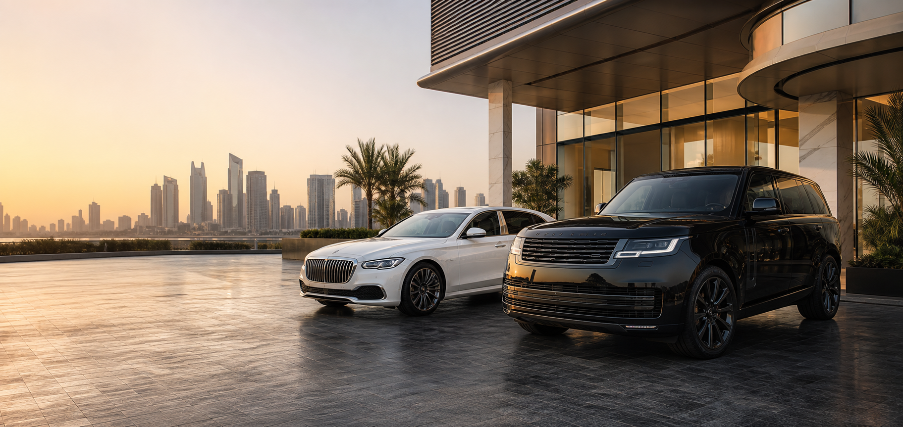 Premium rental vehicles outside a modern Dubai hotel